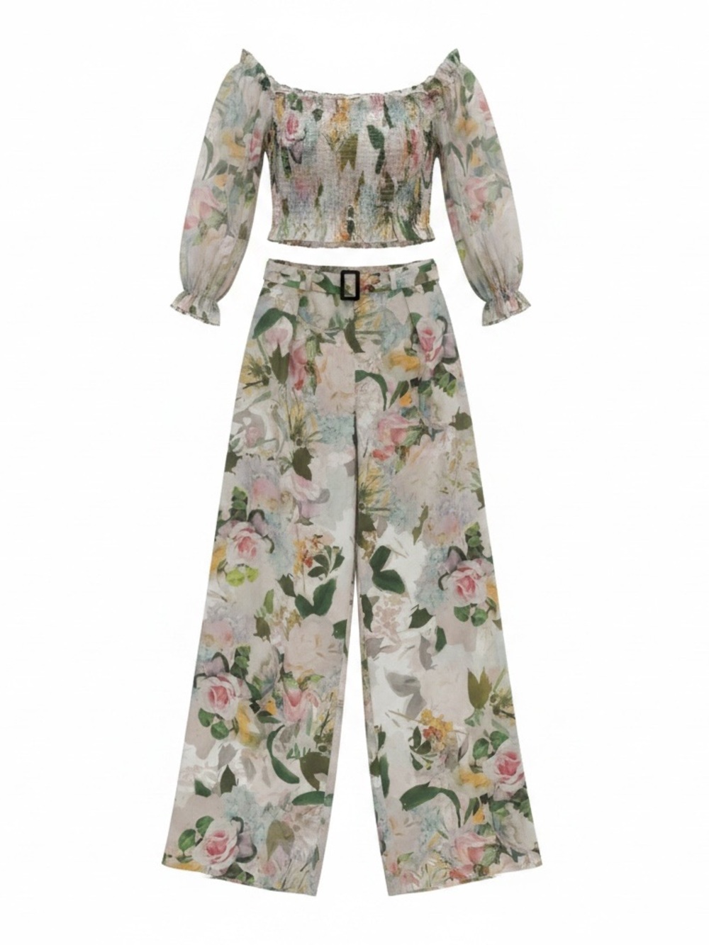 Floral Off-Shoulder Smocked Pants Set in Green - Picture 3 of 3